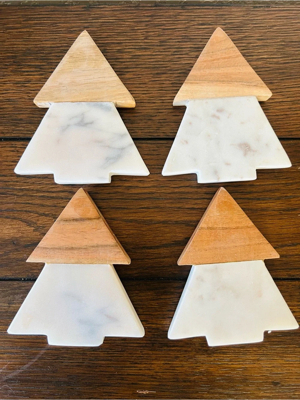 Marble & Wood Tree Coasters - White and Brown Holiday Set